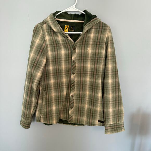 Browning Button Down Hooded Jacket Men's Size Medium Plaid Neutrals Green Brown - Picture 1 of 11